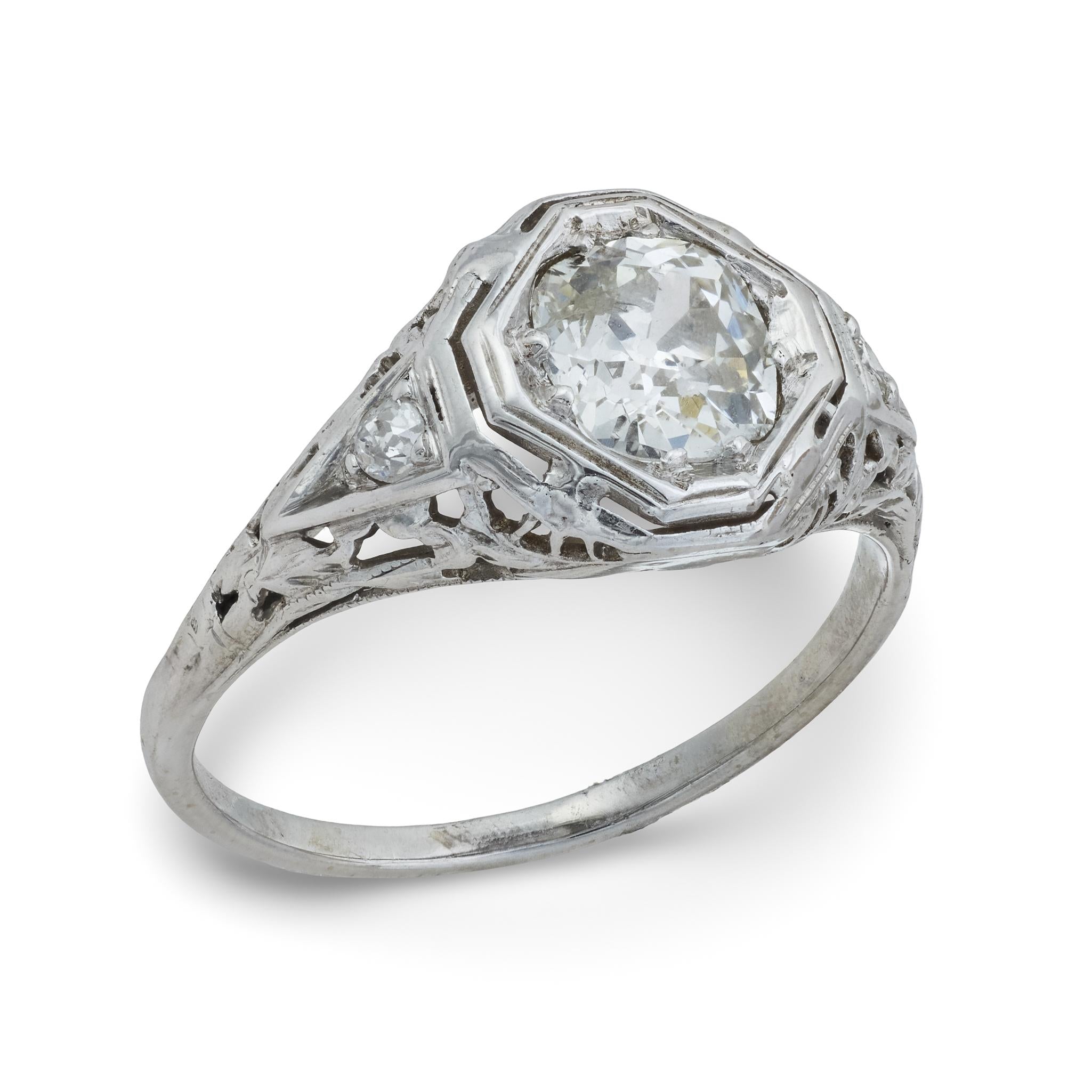 Art Deco 1.15 carat old mine cut diamond 14k white gold engagement ring