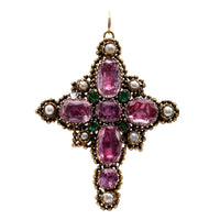 Georgian Foiled Back Pink Topaz, Emerald, and Pearl 14k Yellow Gold Cross Pendan
