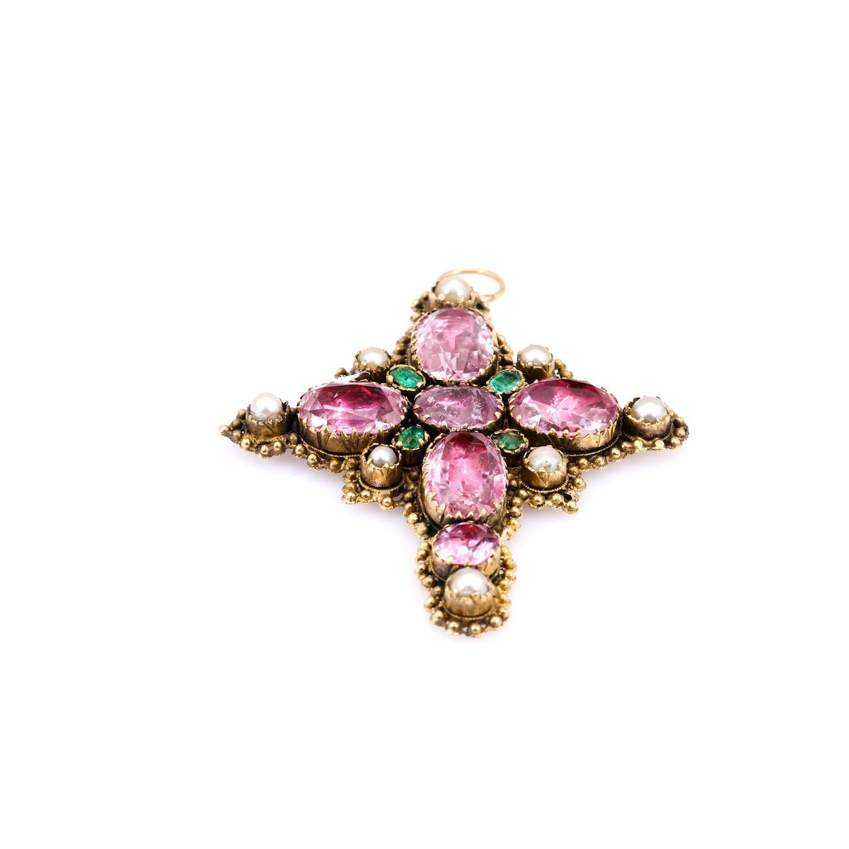 Georgian Foiled Back Pink Topaz, Emerald, and Pearl 14k Yellow Gold Cross Pendan