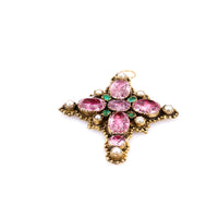 Georgian Foiled Back Pink Topaz, Emerald, and Pearl 14k Yellow Gold Cross Pendan