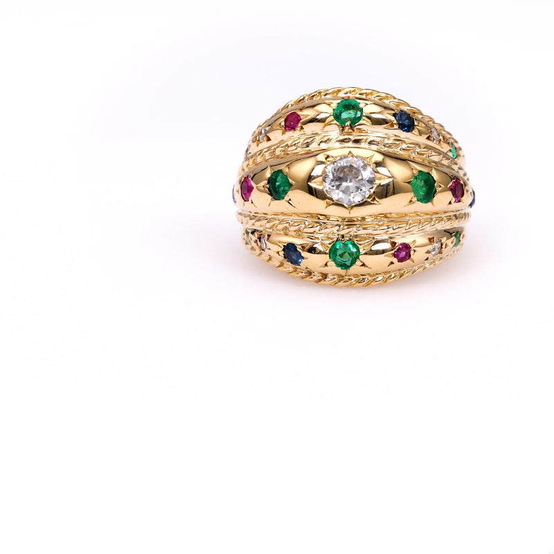 Retro Diamond Gemstone 14k Yellow Gold Ring