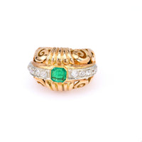 Retro French Emerald and Diamond 18k Rose Gold Platinum Dome Ring