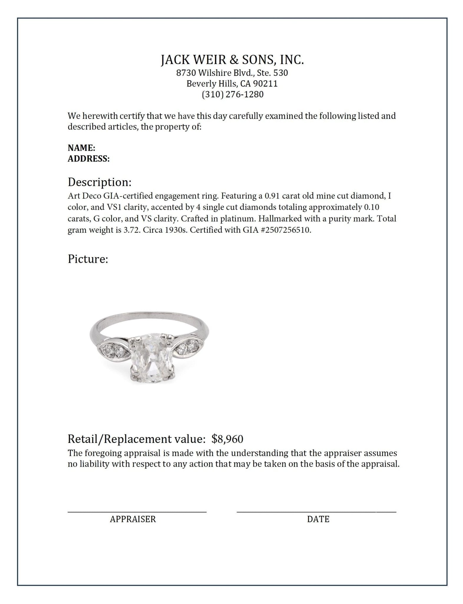 Art Deco GIA .91 carat old mine cut diamond platinum engagement ring