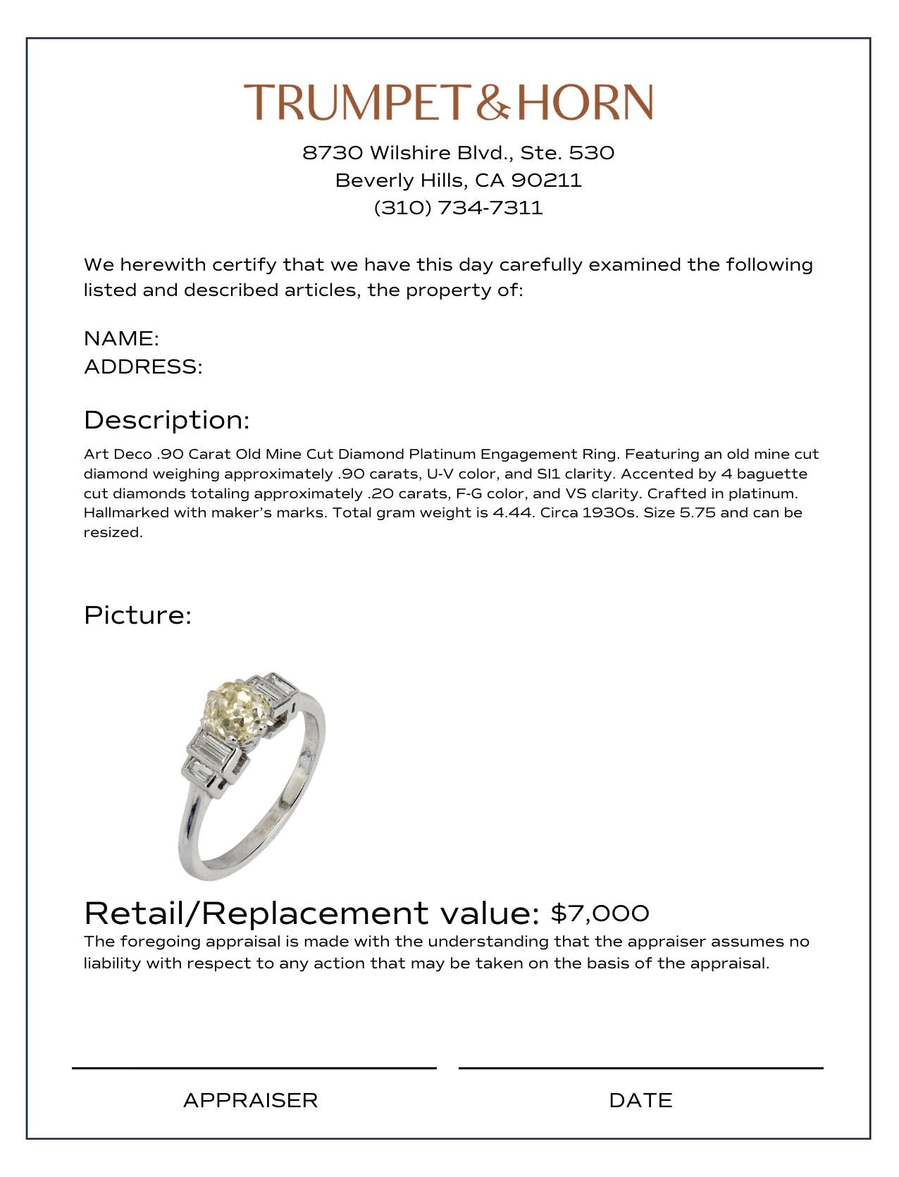 Art Deco .90 carat old mine cut diamond platinum engagement ring
