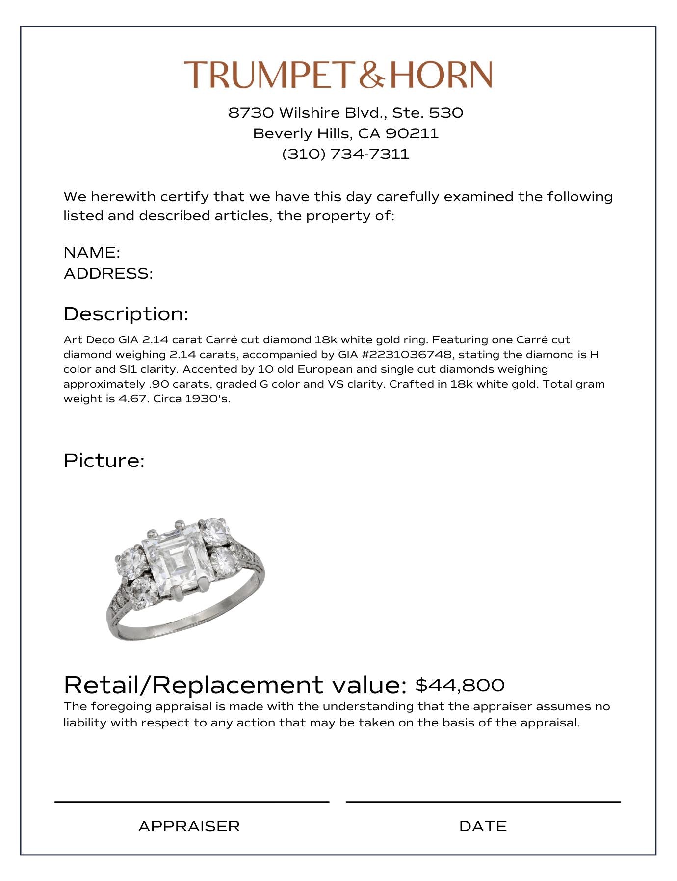 Art Deco GIA 2.14 carat Carré cut diamond 18k white gold ring