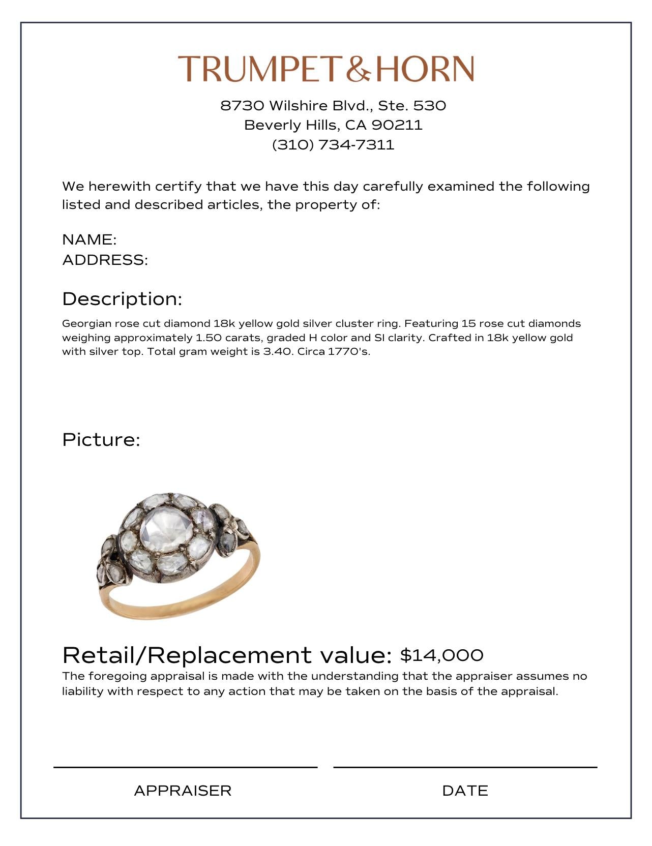 Georgian rose cut diamond 18k yellow gold silver cluster ring