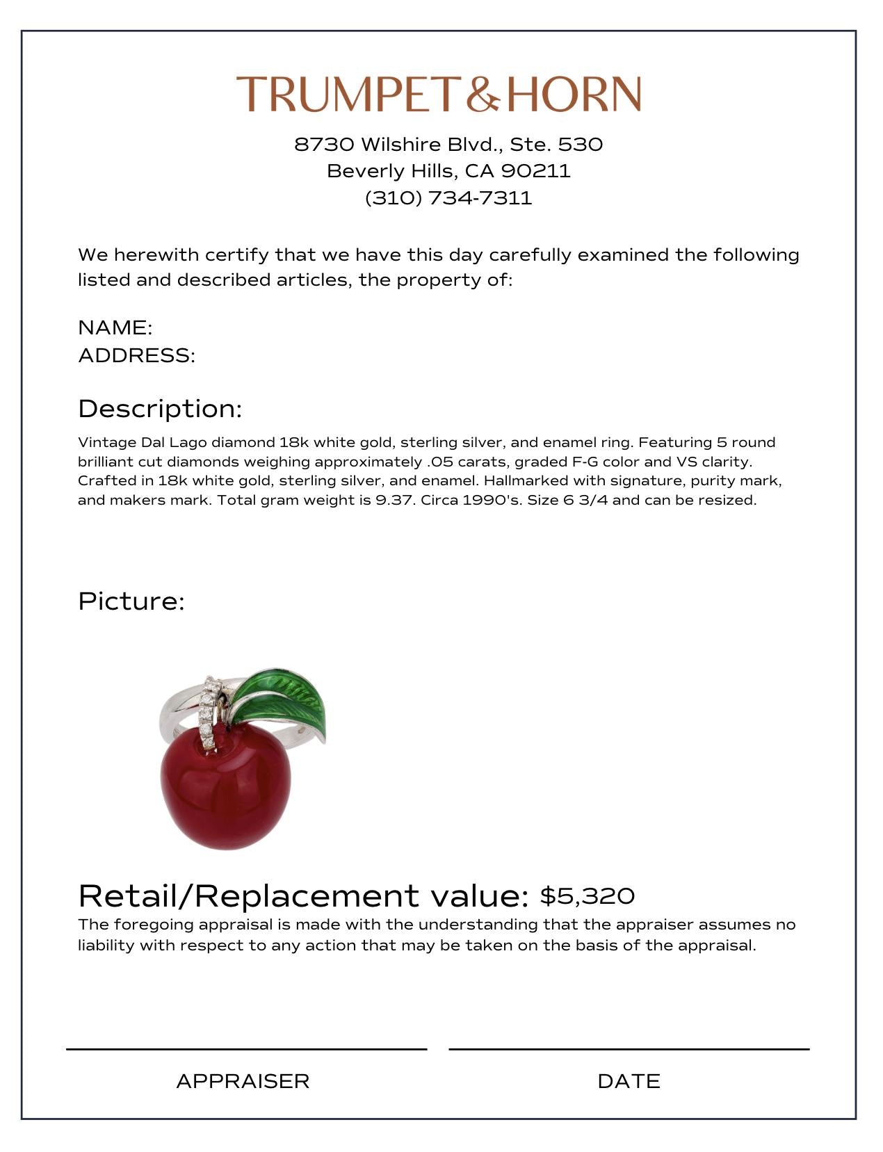 Vintage Italian 18k white gold, silver and enamel cherry ring