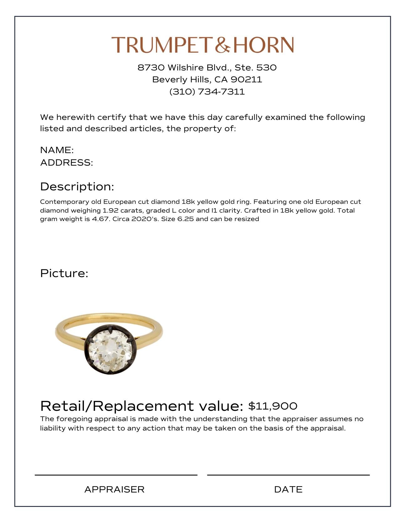 1.92 carat old European cut diamond 18k yellow gold engagement ring