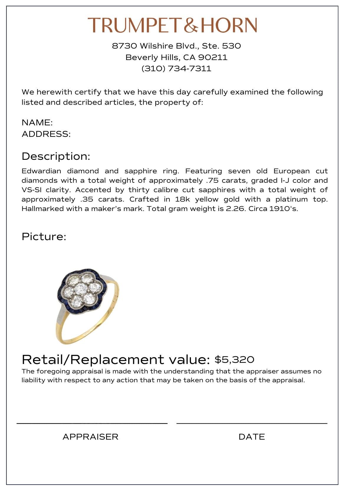 Edwardian diamond sapphire 18k yellow gold and platinum flower ring