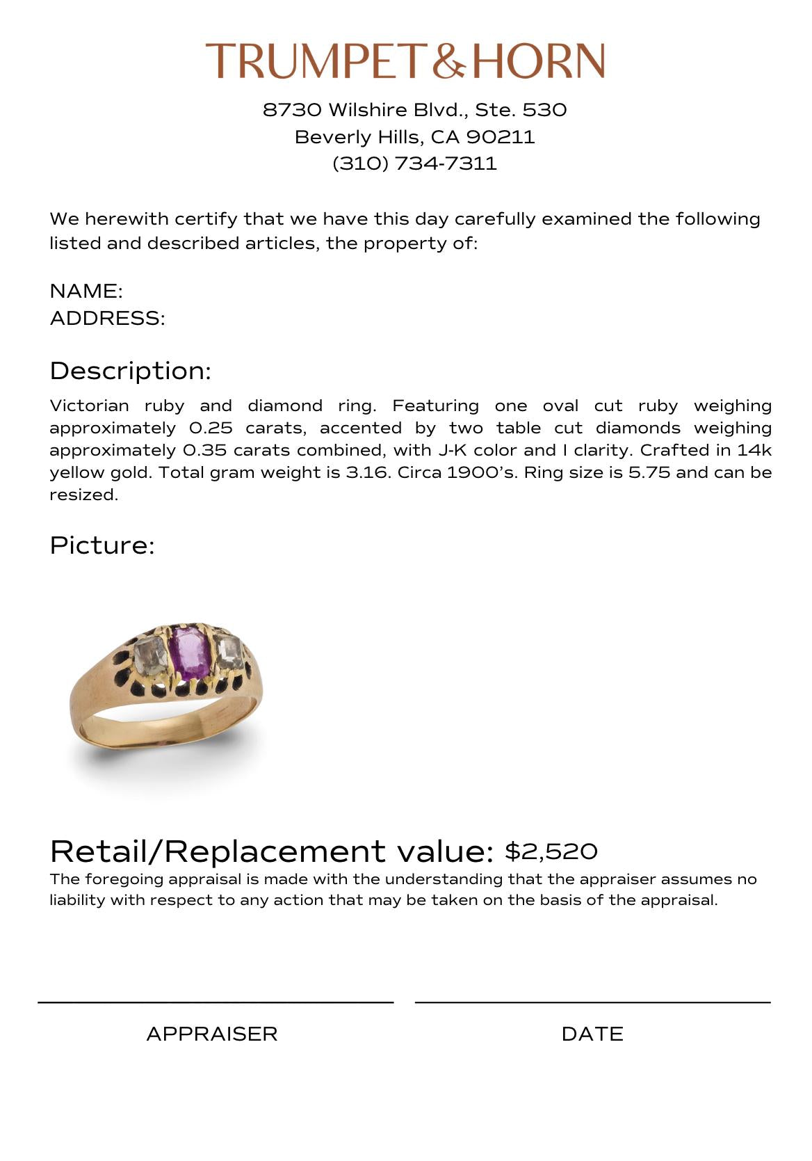 Victorian ruby diamond 14k yellow gold three stone ring
