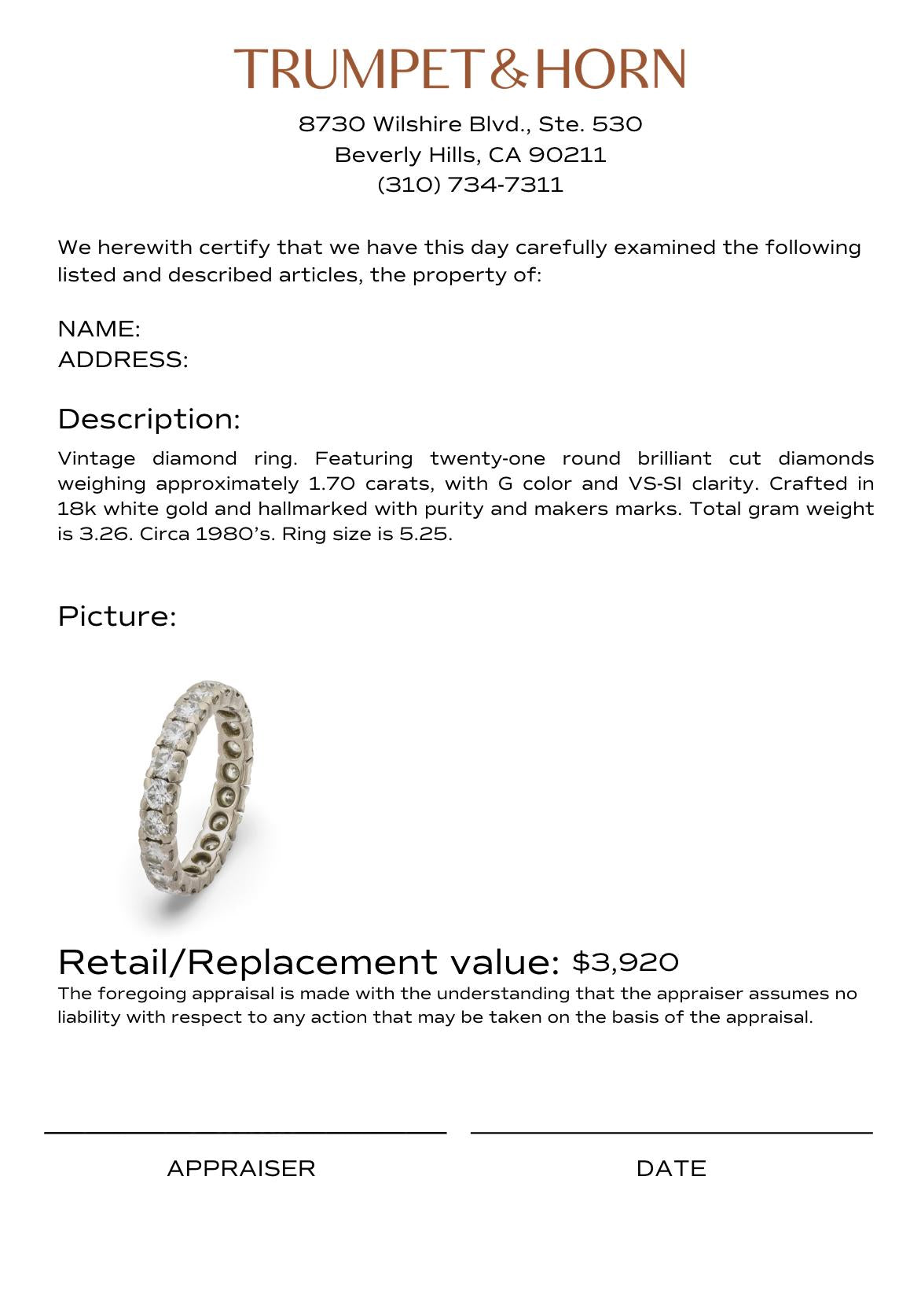 Vintage 1.70 carat diamond 18k white gold eternity band