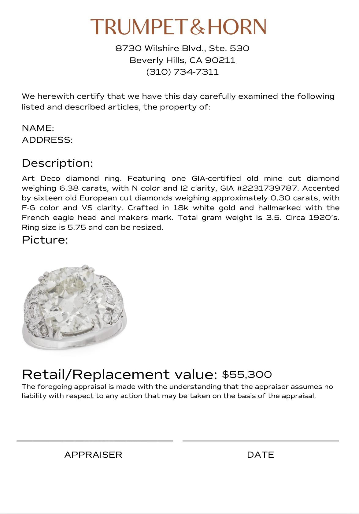 French Art Deco GIA 6.38 carat old mine cut diamond 18k white gold ring