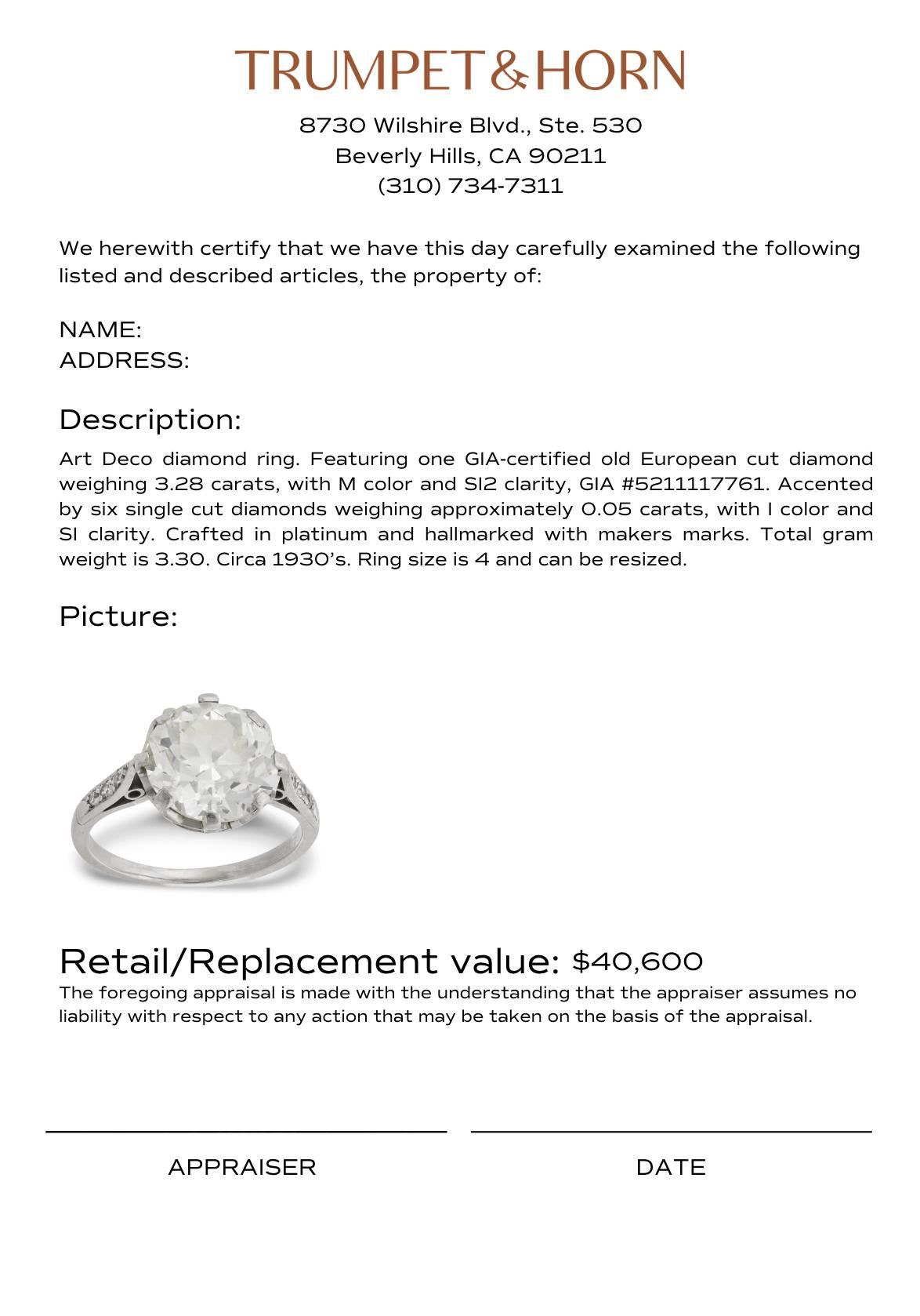 Art Deco GIA 3.28 carat old European cut diamond platinum engagement ring