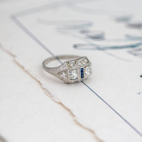 Art Deco Old Euro Diamond Duo Ring with Sapphire Accents | Carronde