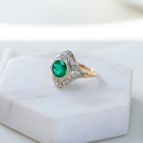 Vintage Art Deco Emerald and Diamond Navette Ring | Castlewood