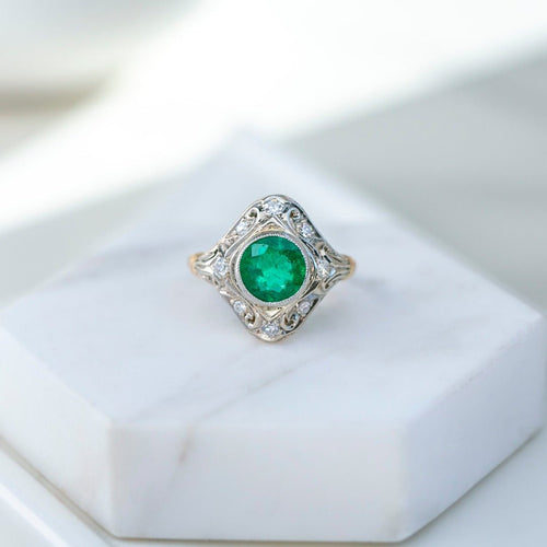 Vintage Art Deco Emerald and Diamond Navette Ring | Castlewood