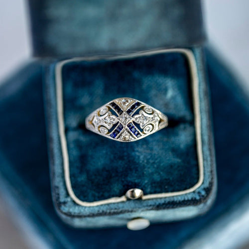 Antique Edwardian Diamond & Sapphire Two-Tone Ring | Crosswoods