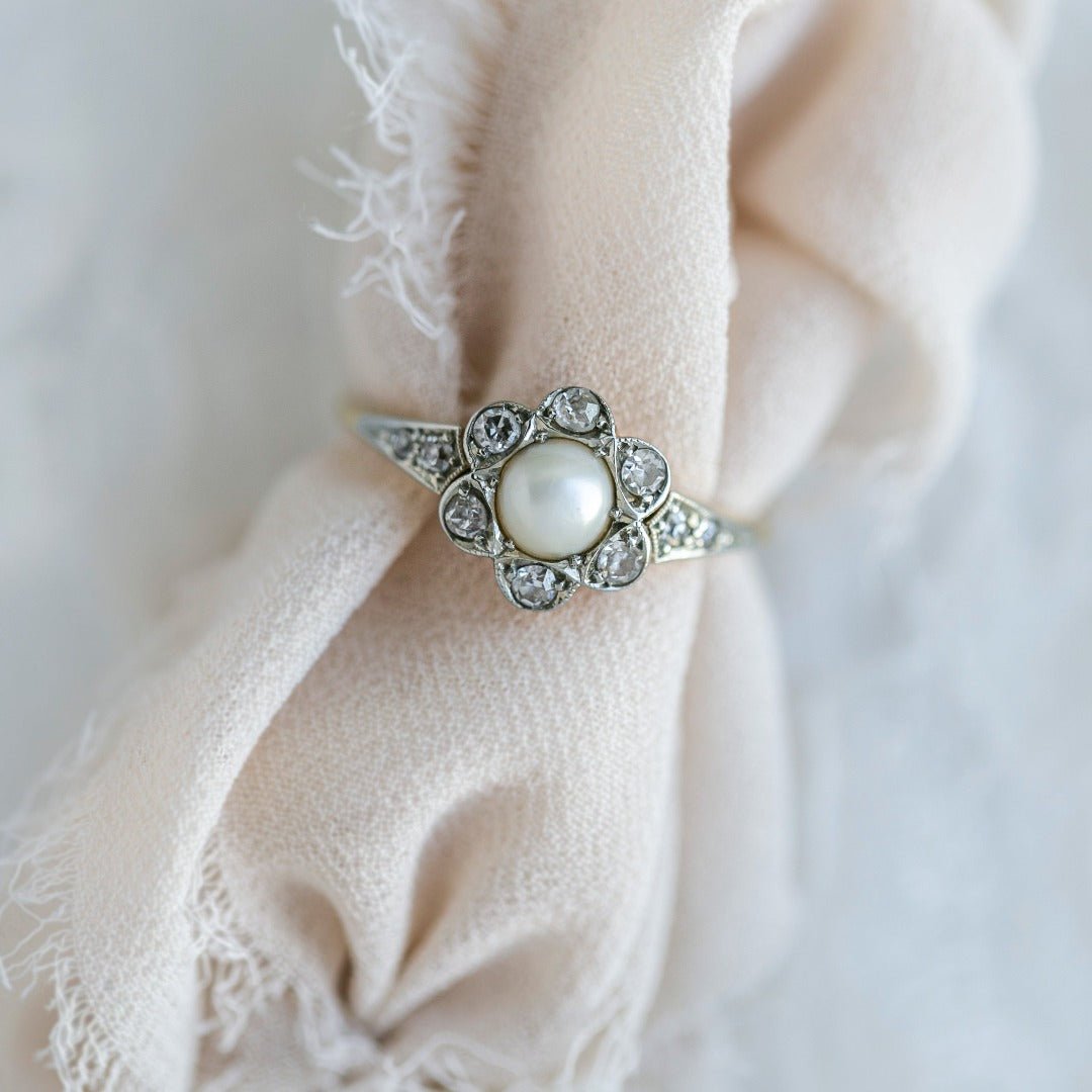 Antique Art Nouveau Pearl & Diamond Flower Ring | Dolis