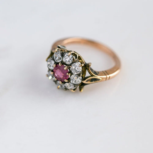 0.55ct Victorian Ruby & Old Mine Cut Diamond Halo Ring | Ethering