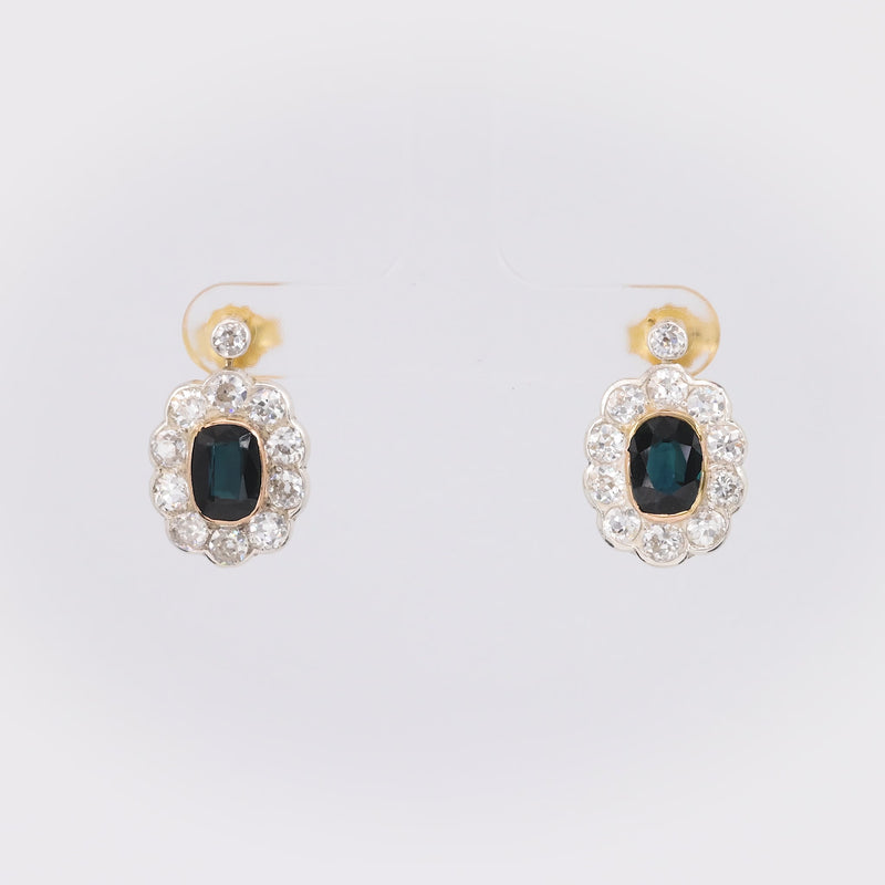 Late Victorian Sapphire Diamond Yellow Gold & Silver Cluster Earrings