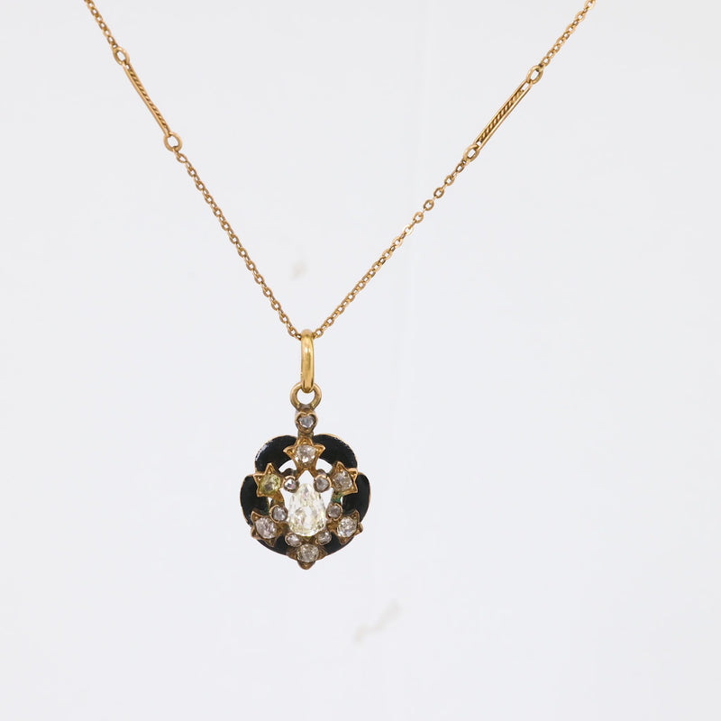 Antique Pear Shape Diamond 18K Yellow Gold Enamel Necklace