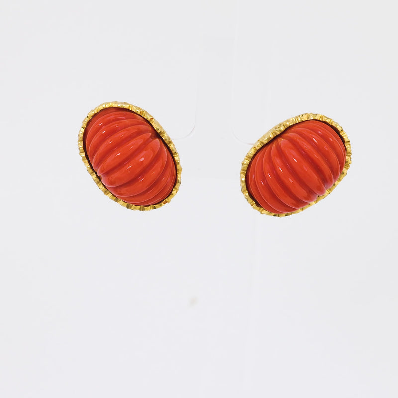 Mid Century Large Fluted Coral 18K Yellow Gold Earrings