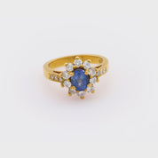 Vintage 1 carat sapphire diamond 18k yellow gold cluster ring