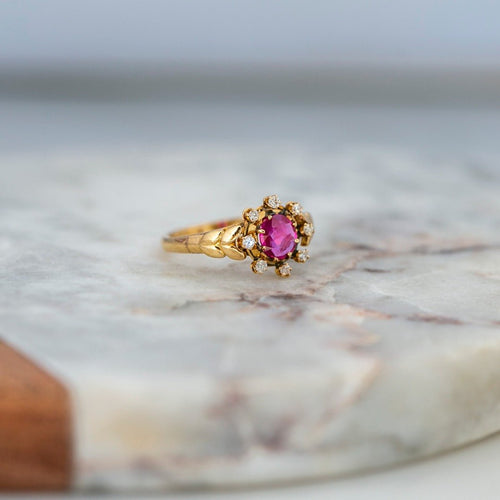 Vintage 0.50ct Ruby and Diamond Halo Starburst Engagement Ring | Rowan Circle
