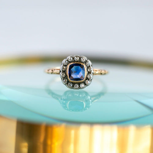 Antique Cushion Sapphire & Diamond Halo Engagement Ring | Tiffindell