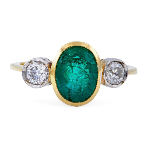 Bezel Set Vintage Emerald & Diamond Three-Stone Ring | Amherst