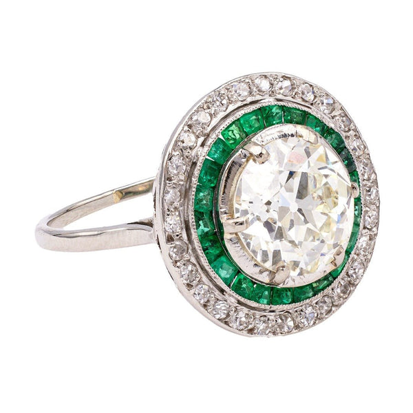 2.50ct Art Deco Diamond & Emerald Double Halo Target Ring | Bayonne