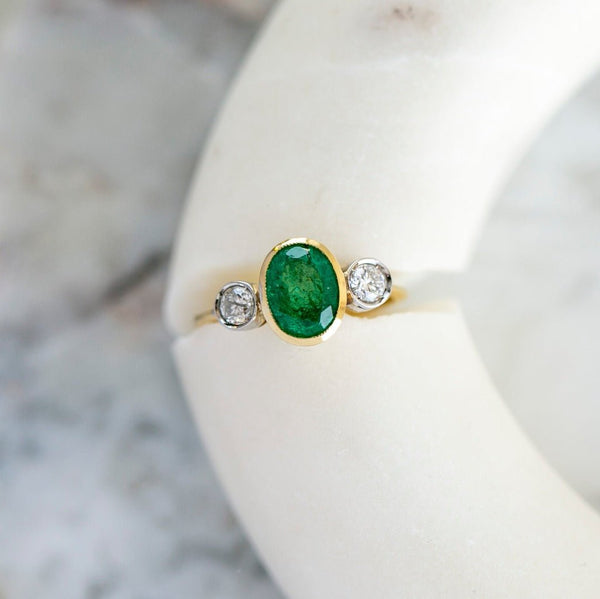 Bezel Set Vintage Emerald & Diamond Three-Stone Ring | Amherst