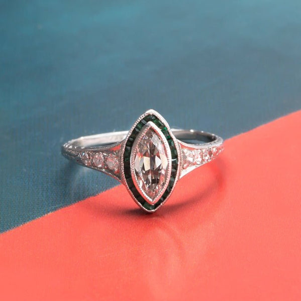 Vintage Platinum Art Deco Engagement Ring with Emelald and Diamond Halo | Avery from Trumpet & Horn