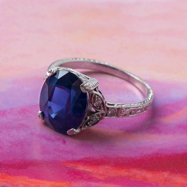 Spectacular Art Deco Sapphire Engagement Ring with Floral Accents | Big Sky from Trumpet & Horn