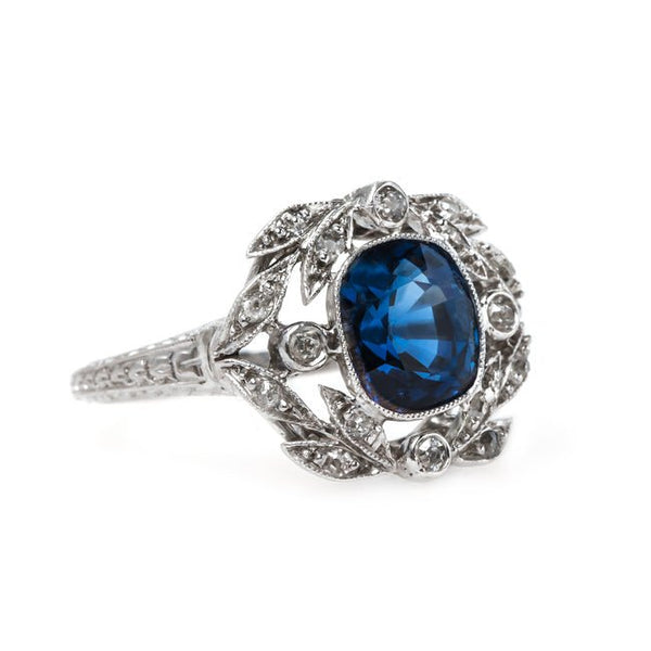 Magnificent Edwardian Era Engagement Ring with Stunning Sapphire and Diamond Laurel Wreath Frame | Bonaparte from Trumpet & Horn