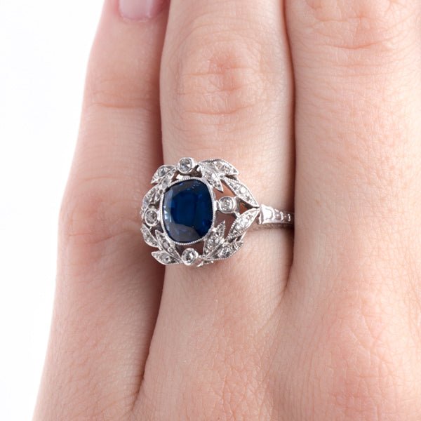 Magnificent Edwardian Era Engagement Ring with Stunning Sapphire and Diamond Laurel Wreath Frame | Bonaparte from Trumpet & Horn