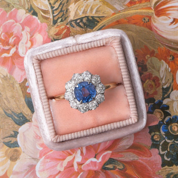 Victorian Era Halo Ring with Cornflower Blue Sapphire Center from Trumpet & Horn
