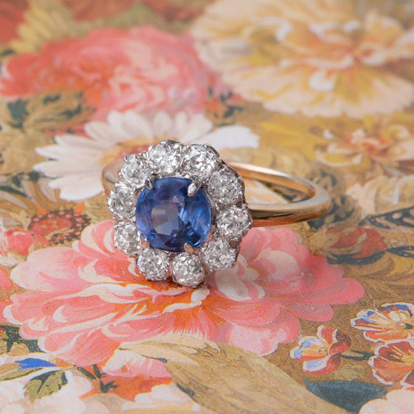 Victorian Era Halo Ring with Cornflower Blue Sapphire Center from Trumpet & Horn