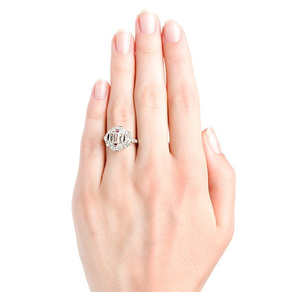 Vintage Geometric Diamond Ruby Onyx Engagement Ring