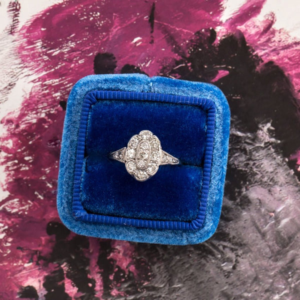 Edwardian Era Platinum and White Gold Engagement Ring with Old European Cut Diamond Cluster | Dayton Way