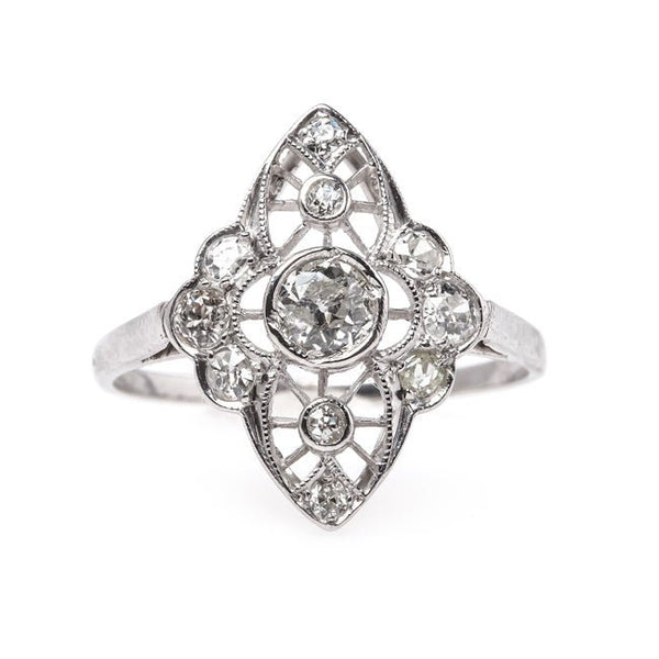 Timeless Edwardian Era Navette Style Engagement Ring with Old European Cut Diamonds | Silver City from Trumpet & Horn 