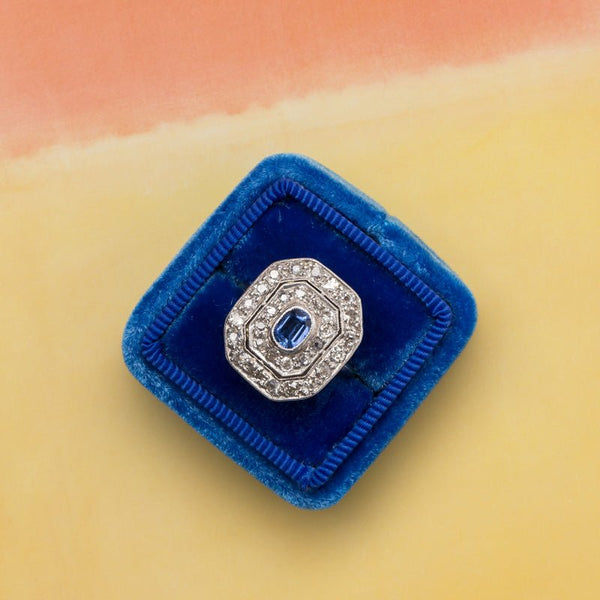 Fisher Island vintage diamond and sapphire halo ring from Trumpet & Horn