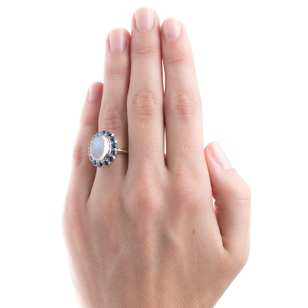 Dreamy Cocktail Ring with Moonstone and Sapphire Halo | Floriston from Trumpet & Horn