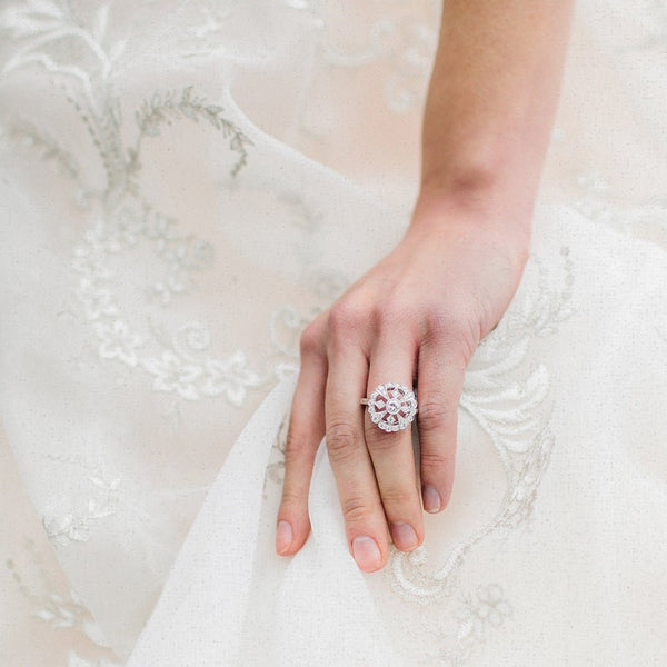 Vintage Inspired 18K White Gold Ring with Geometric Diamonds | Gatsby | Photo by Rachel May