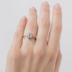 Willow Glen handmade diamond halo engagement ring made in platinum and 18k yellow gold by Trumpet & Horn