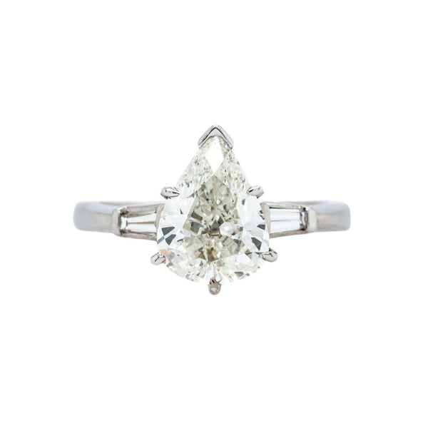 Fab Mid-Century Platinum Diamond Engagement Ring with Antique Pear Diamond and Tapered Baguettes | Lake Placid
