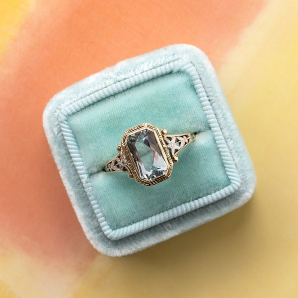Mid-Century Engagement Ring with Floral Motif and Aquamarine Center | Leytonstone from Trumpet & Horn