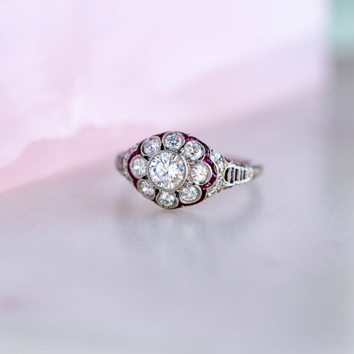 Art Deco Inspired Old Euro Diamond & Ruby Flower Ring | Millwall