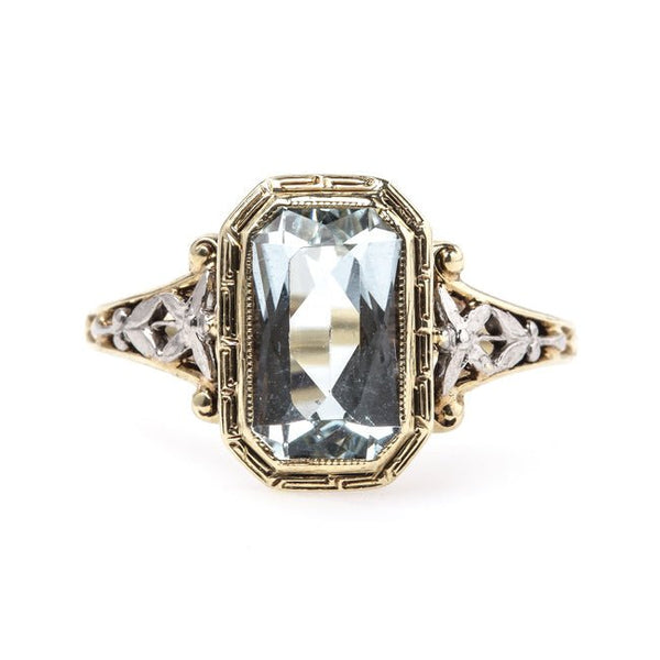 Mid-Century Engagement Ring with Floral Motif and Aquamarine Center | Leytonstone from Trumpet & Horn
