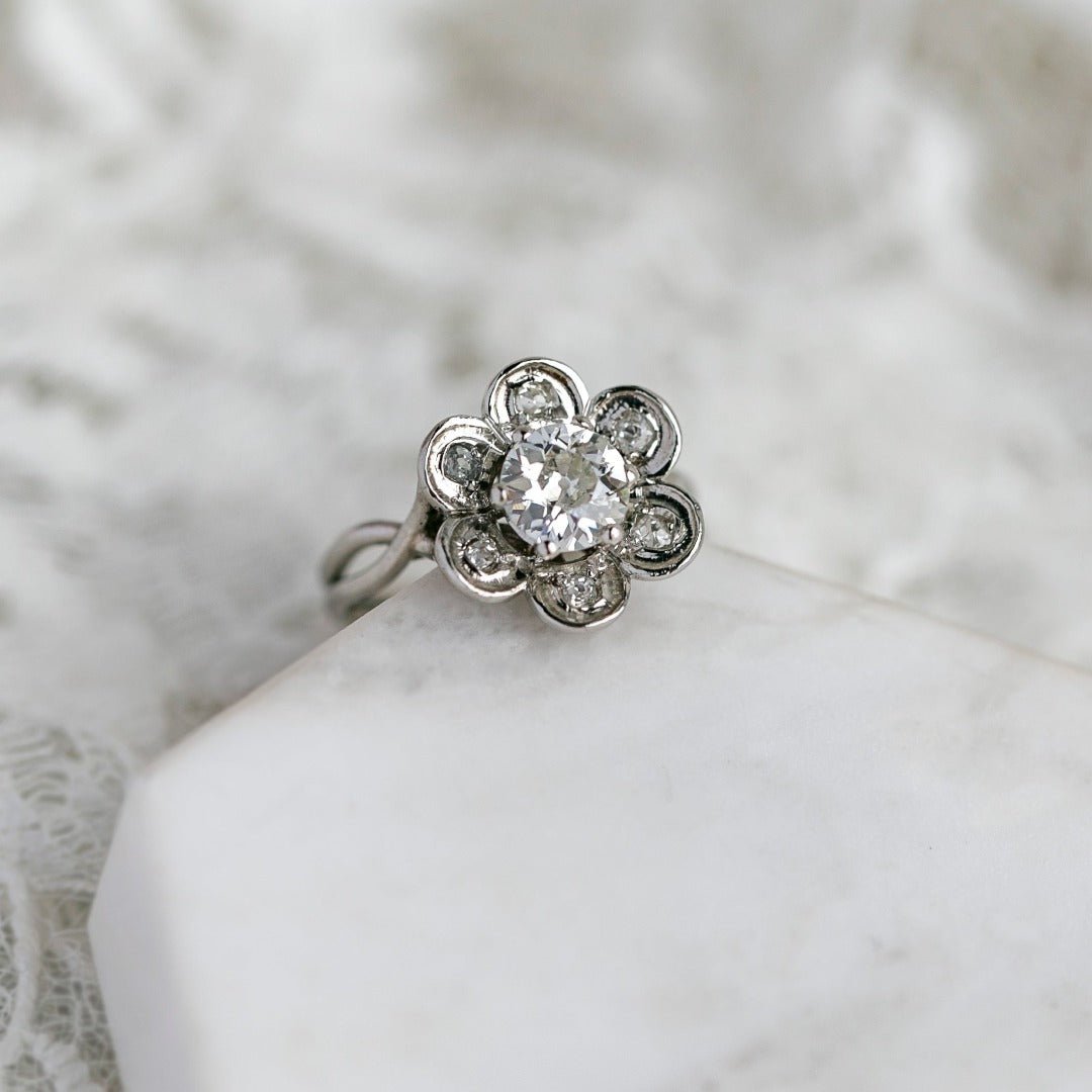 Mid-Century Old Euro Diamond Flower Ring with French Hallmarks | Sasso